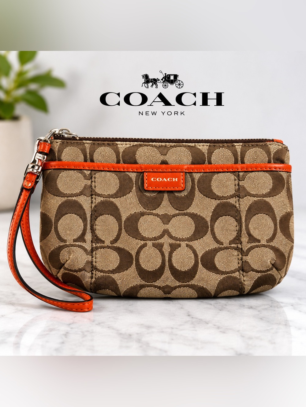 Coach Signature Canvas Wristlet Tan Brown Orange Leather Trim Zip Pouch